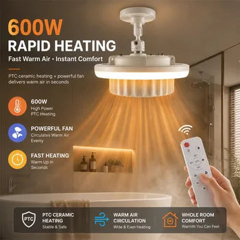 E27 Heizlüfter mit Licht 600W Ganzhausheizung Warmluftlampe mit Fernbedienung und Dimmfunktion, Spiralförmiger
