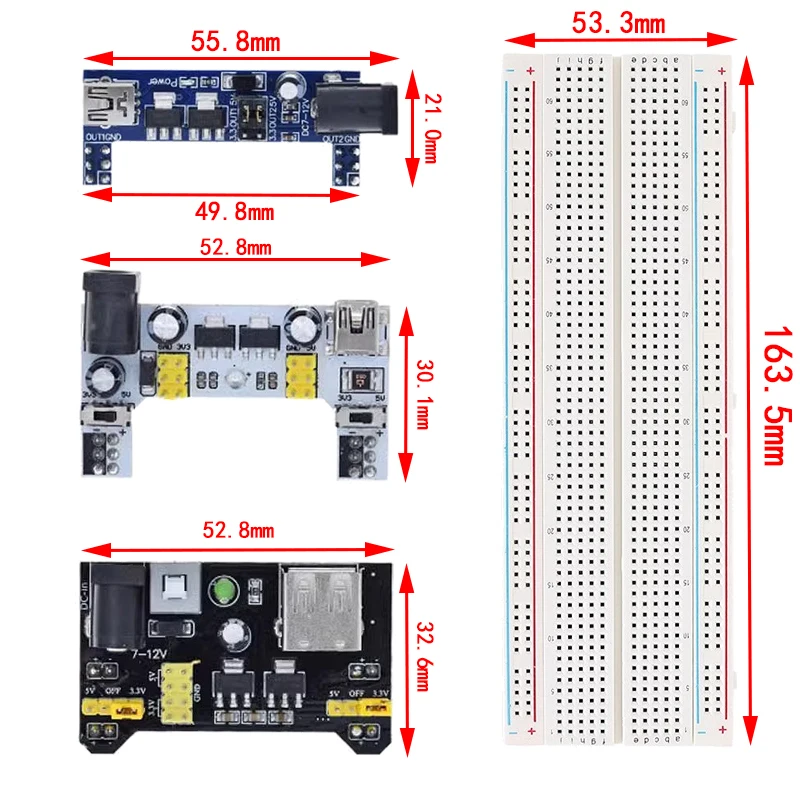MB102 Breadboard-Stromversorgungsmodul / MB102 weißes Breadboard-dediziertes Leistungsmodul 2-Wege 3,3 V 5 V