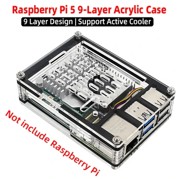 Raspberry Pi 5 Acrylgehäuse, 9-lagiges Design, Gehäuseunterstützung, Lüfter, aktiver Kühler