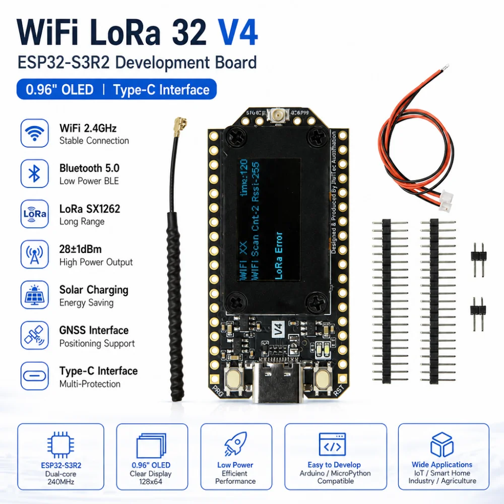 WiFi LoRa 32 V4 ESP32 Bluetooth WiFi Entwicklungsboard, 0,96-Zoll OLED-Bildschirm ESP32-S3R2 Energiesparendes
