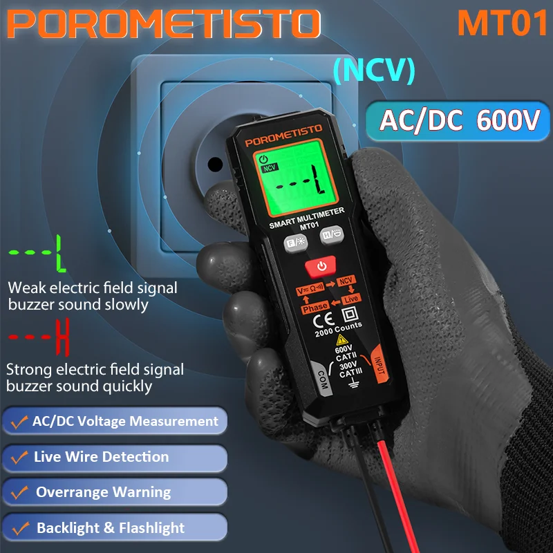 MT01 Digitalmultimeter, 2000 Zählungen, 600 V AC/DC-Voltmeter, automatische Bereichswahl, NCV-Phasenfolge