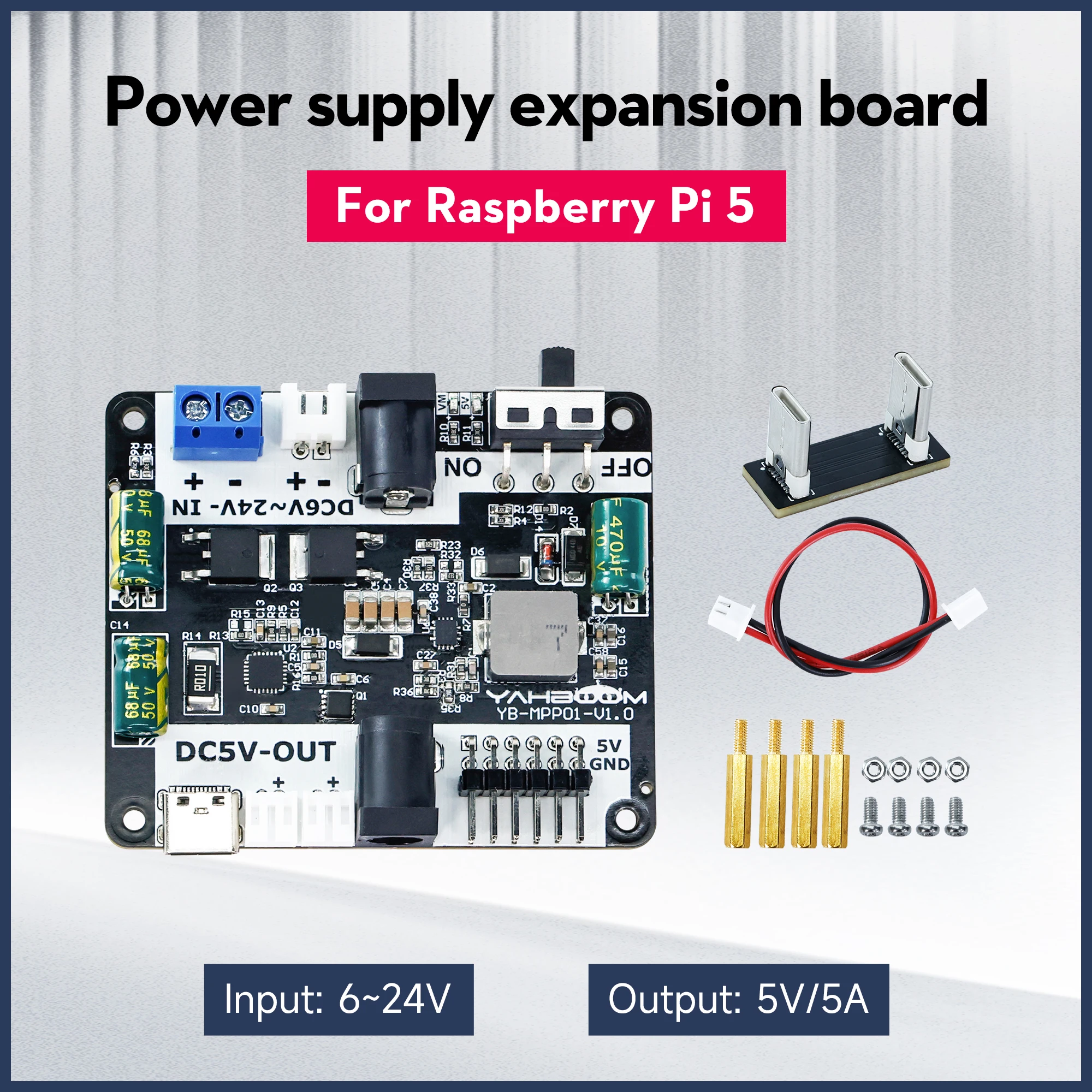 Raspberry Pi 5 Netzteil-Erweiterungsplatine, unterstützt 6-24 V Eingang und 5 V/5 A Ausgang für Jetson NANO