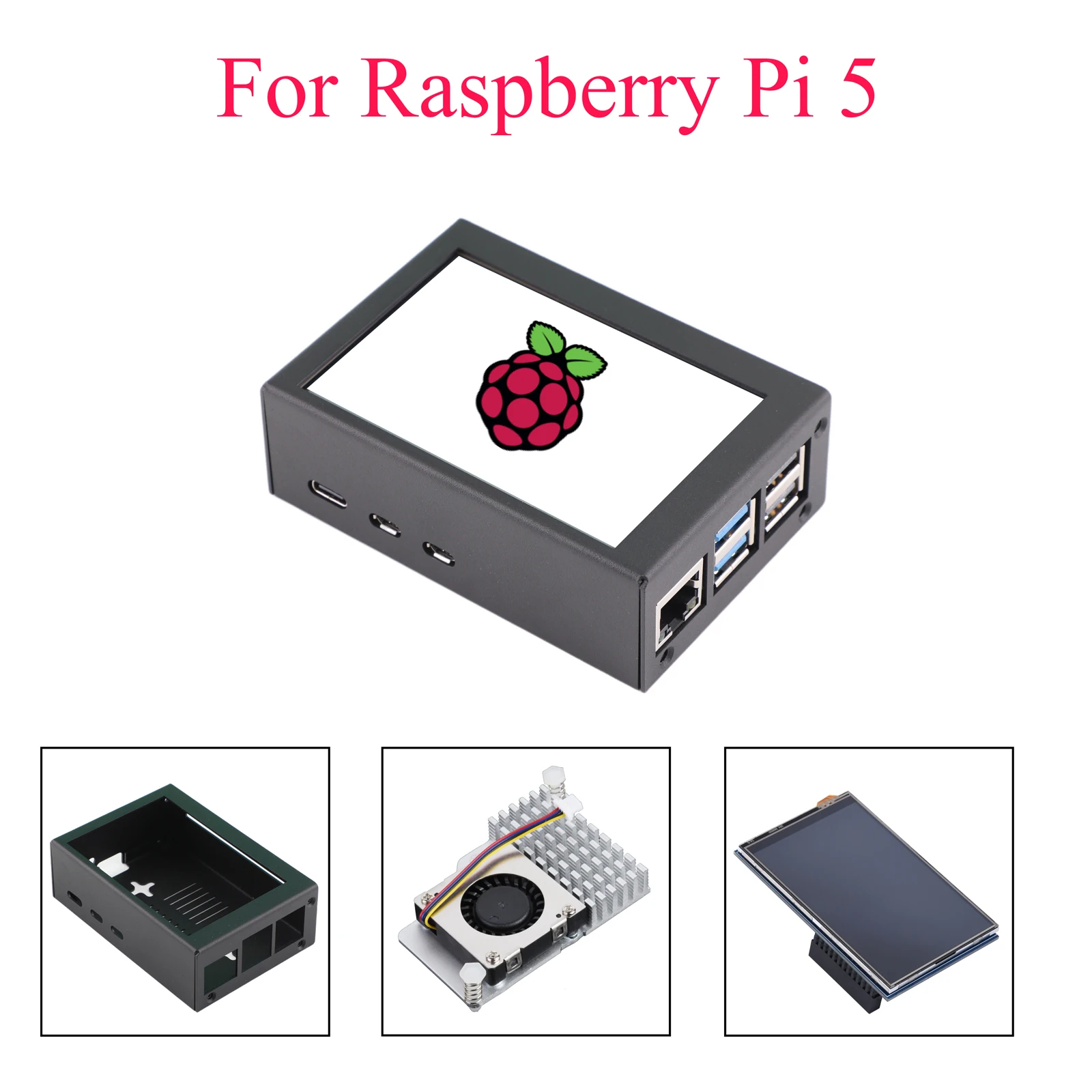 Metallschutzhülle mit 3,5-Zoll-Bildschirmhalterung und aktivem Kühlerlüfter für Raspberry Pi 5