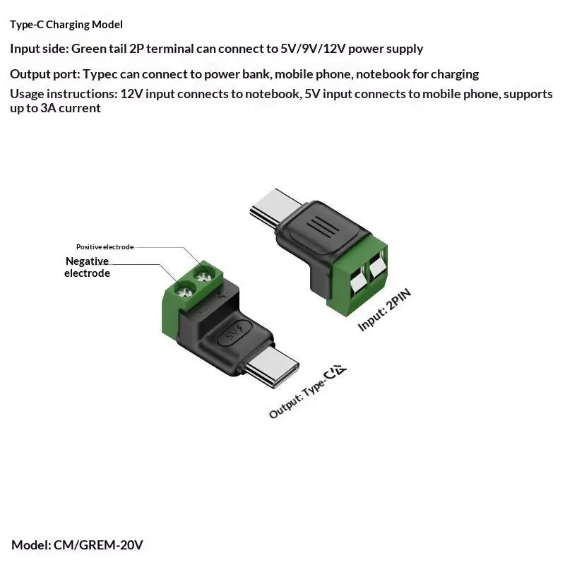 5V Crimp-Klemmenblock Datenübertragungs-Ladeanschluss Lötfreier Stecker USB-C auf 2-Pin-Klemmenadapter
