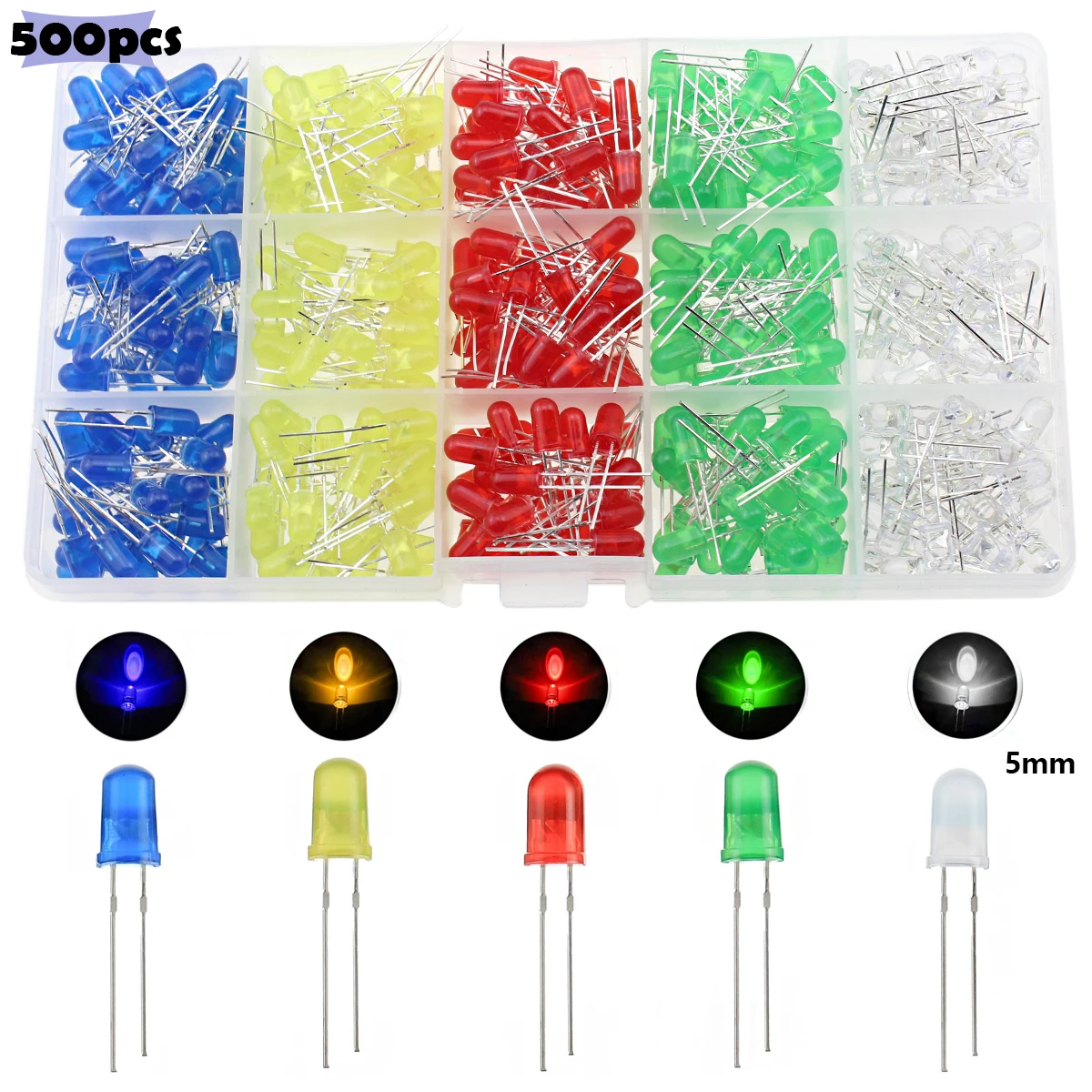 5-mm-LED-Dioden-Sortiment, 5 Farben Rot Grün Blau Gelb (500 Stück) – Bild 2