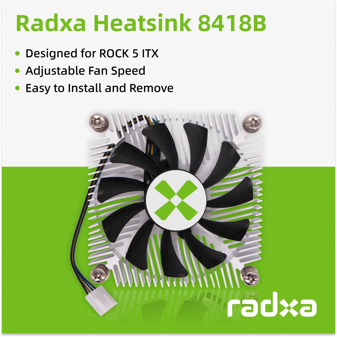 Radxa-Kühlkörper 8418B, entworfen für ROCK 5 ITX, einstellbare Lüftergeschwindigkeit, einfach zu installieren