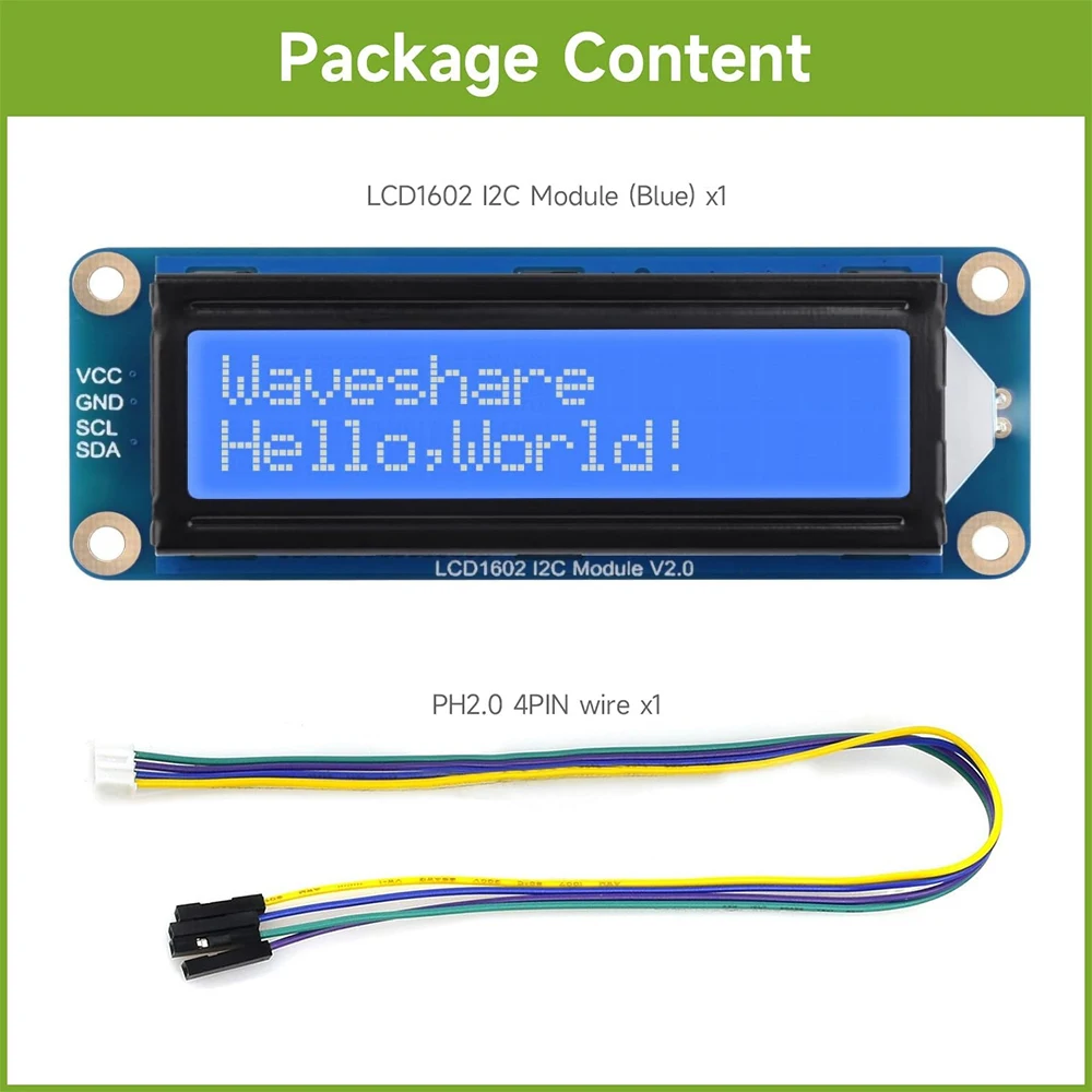 Waveshare LCD1602 I2C LCD-Modul 16 x 2 Zeichen 3,3 V/5 V Hintergrundbeleuchtung einstellbar für Arduino