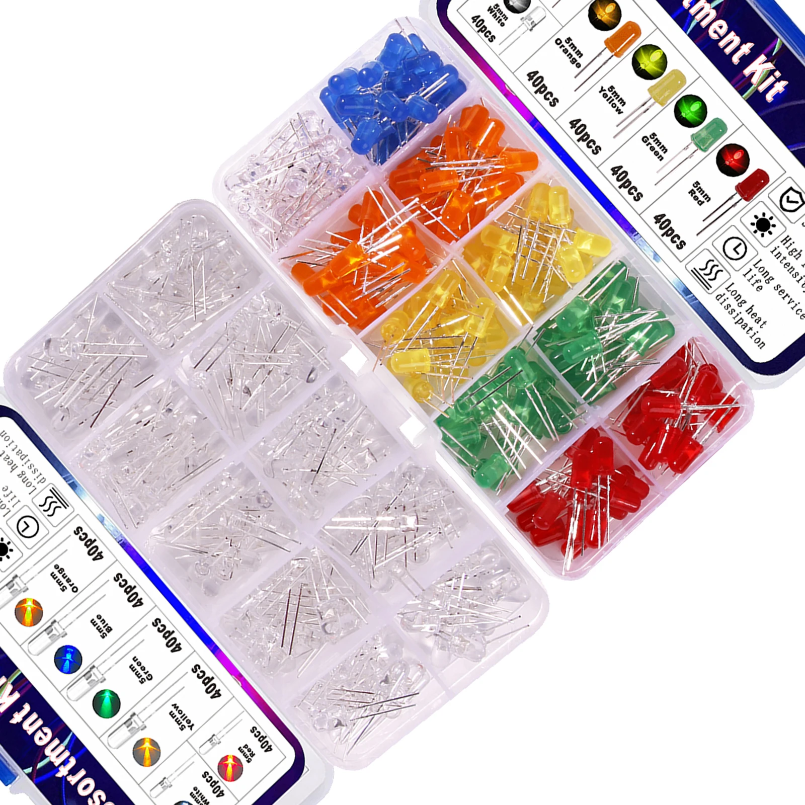 5-mm-LED-Dioden-Sortimentsset, lichtemittierend, F5, Weiß, Grün, Rot, Blau, Gelb, Orange