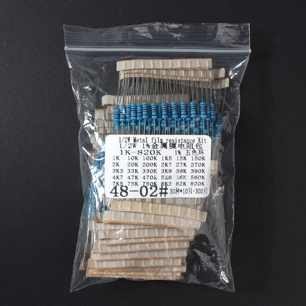 Metallfilm-Widerstandsset 1/2W 1W 30 Werte 0,1R~750R 1K~820K Hochpräzises 1% Sortiment-Kit (300 Stück)
