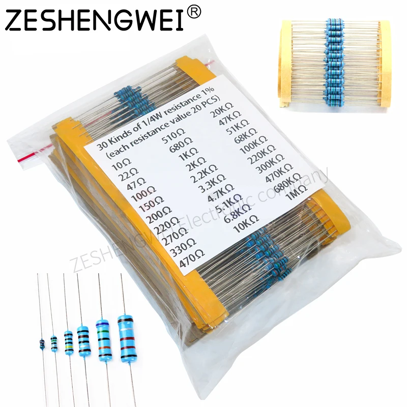 30 Arten 1/4 W Widerstand 1% Metall Film Widerstand Pack Assorted Kit 1 K 10 K 100 K 220 ohm 1 M (600 Stück)