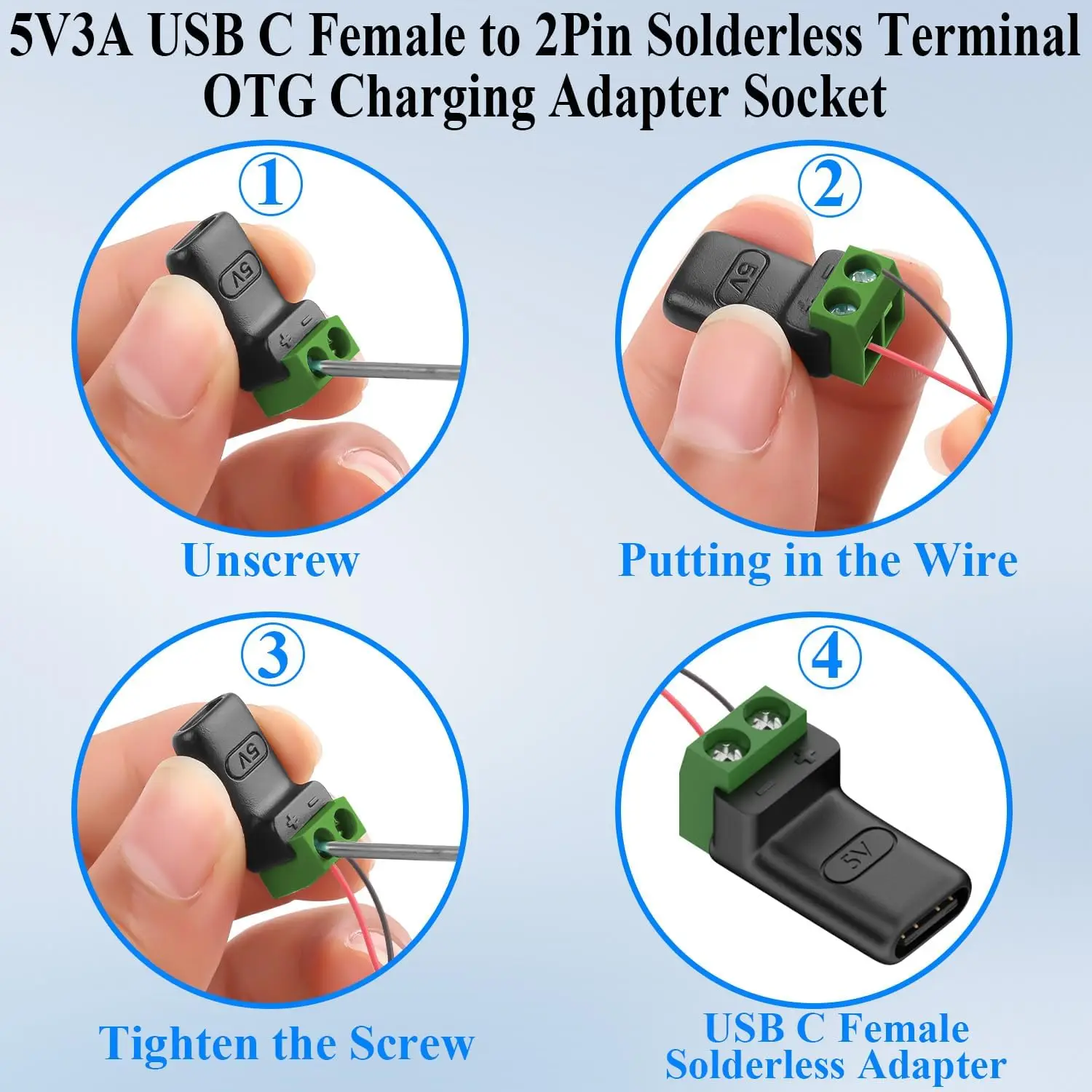 Lötfreier Stecker USB-C auf 2-Pin-Anschlussadapter Schraubklemme 5V – Bild 6