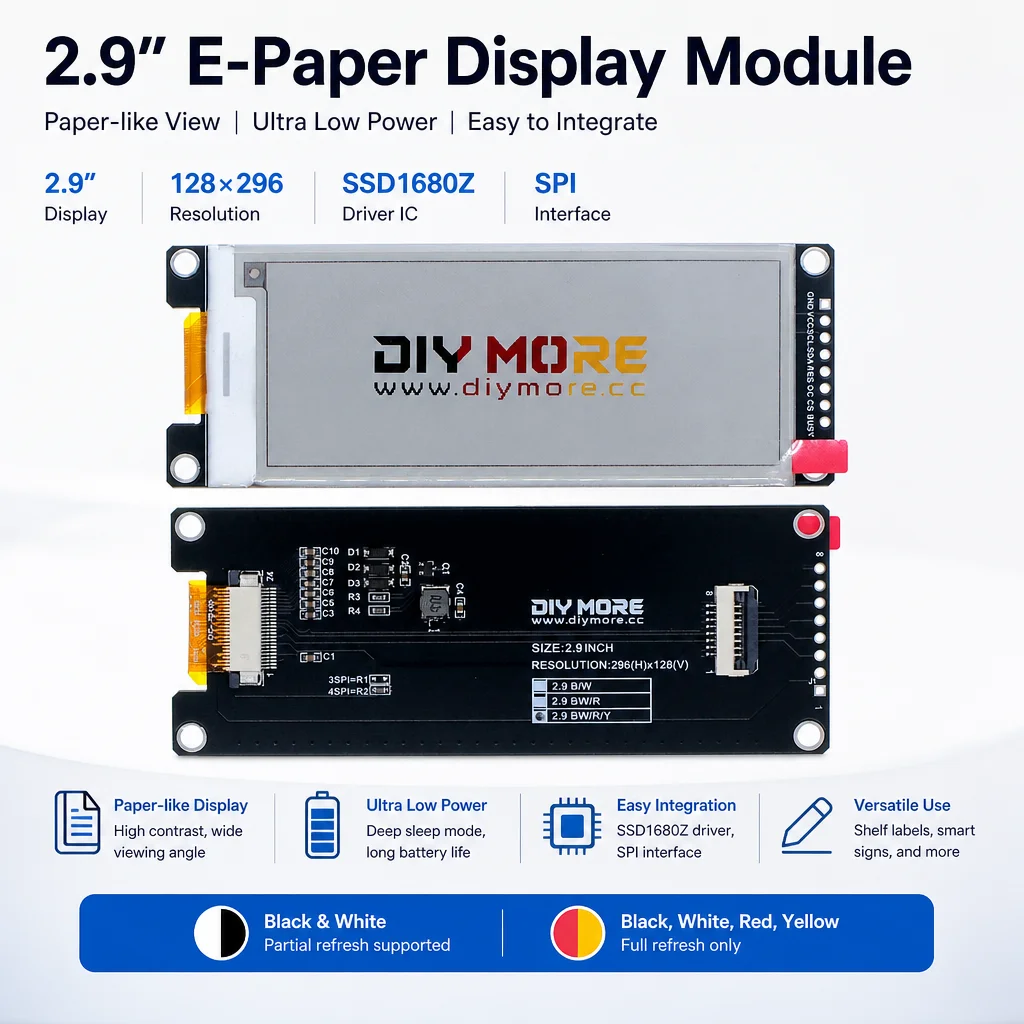 2,9 Zoll E-Paper-Display-Modul 296x128 SPI SSD1680Z E-Ink-Bildschirm Ultra-Niedriger Stromverbrauch DC