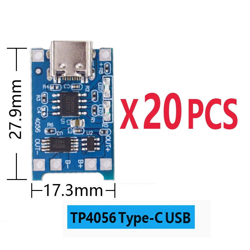 TP4056 1A 5V Lithium-Batterie-Ladeplatinenmodul Mini USB Micro USB Typ-C-Schnittstelle 18650 (20 Stück)