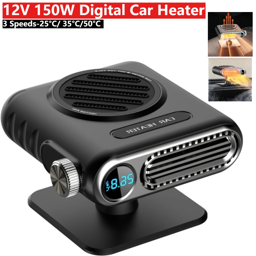 150W 3-Gang Auto-Heizlüfter Tragbar mit Digitaler Temperaturanzeige Winterheizung Entfeuchter Entfroster 12V