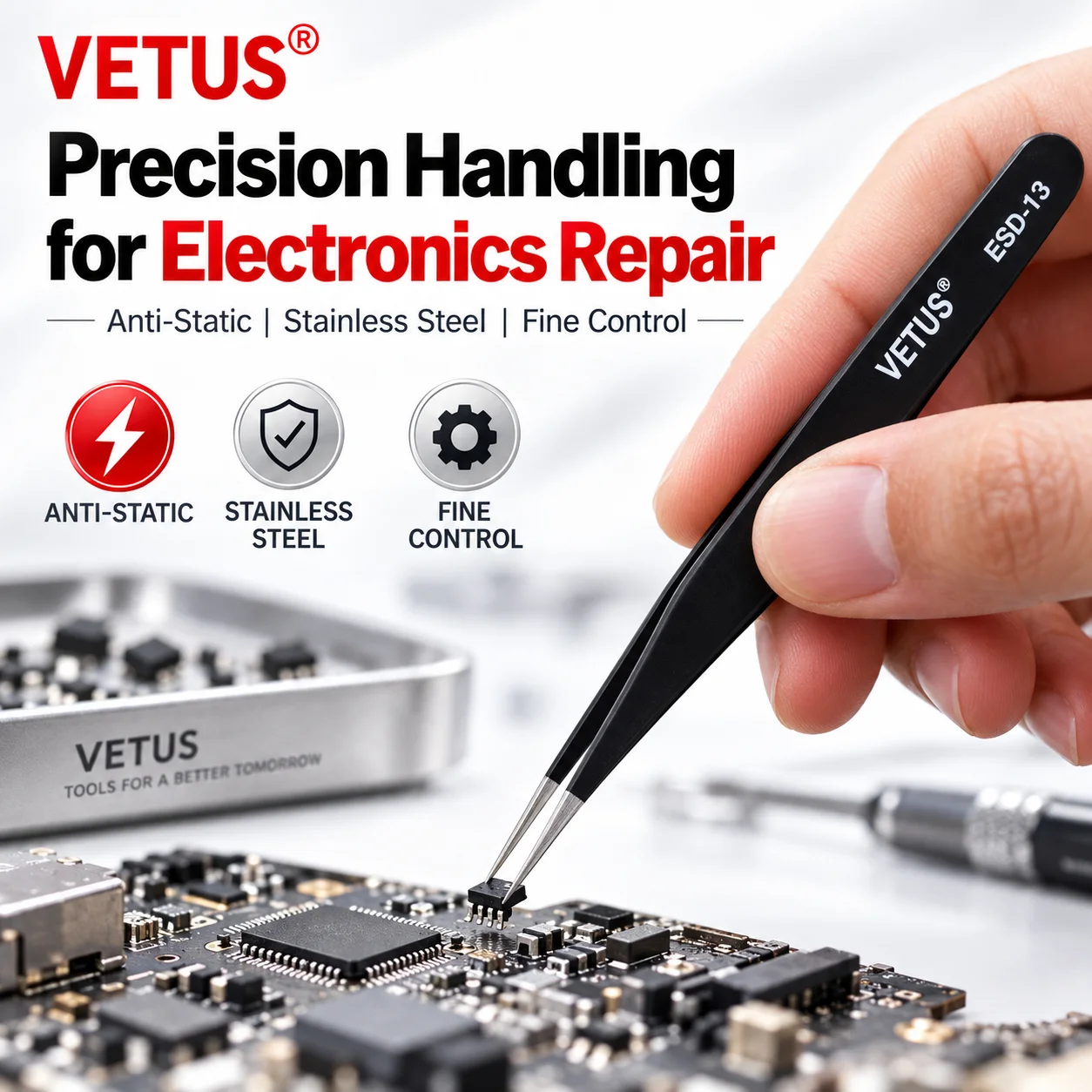 VETUS ESD Antistatische Präzisionspinzette aus Edelstahl ESD10 ESD11 – Bild 2