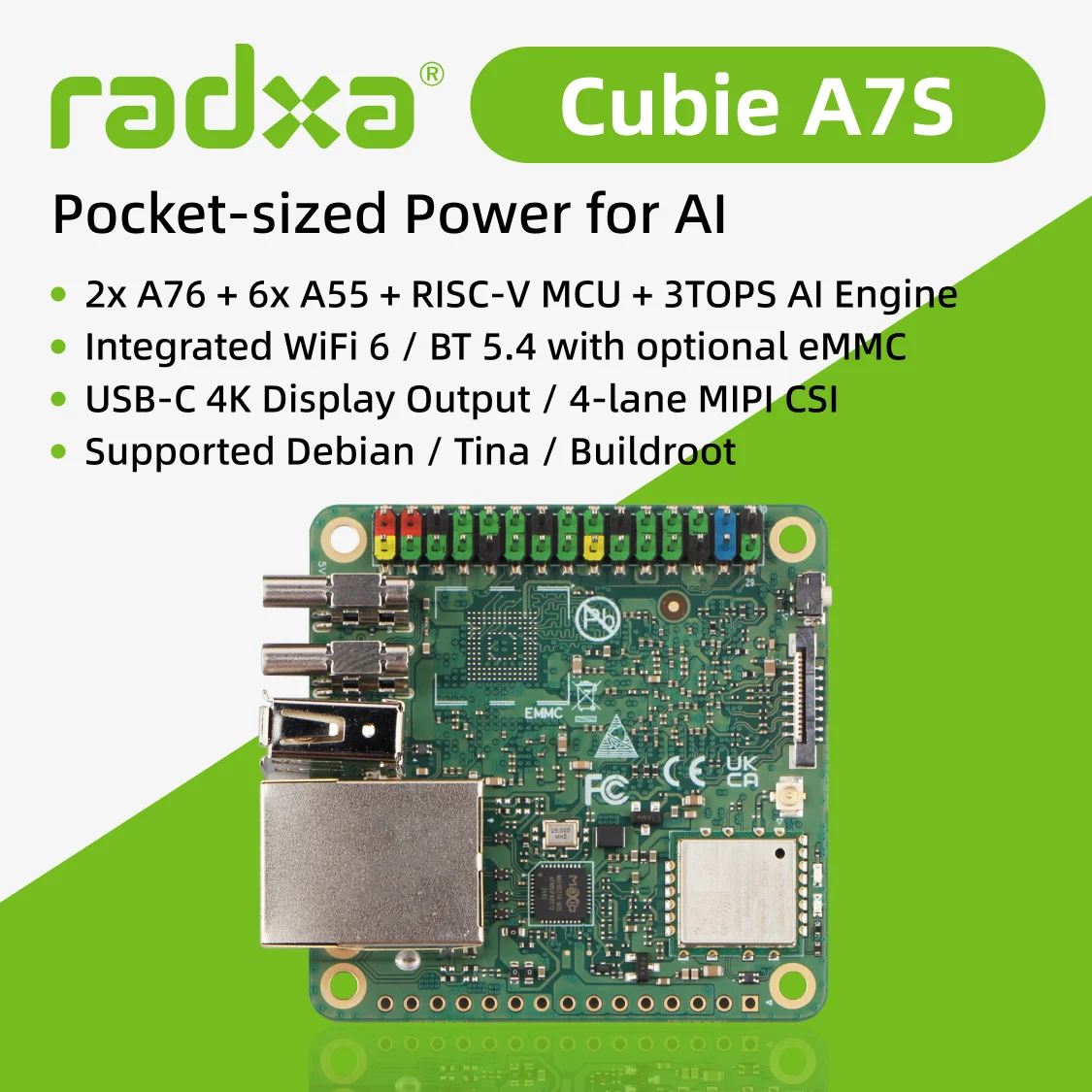 Radxa Cubie A7S, Taschenformat, Allwinner A733, Octa-Core-CPU, 3 TOPS NPU, WiFi 6, BT 5.4