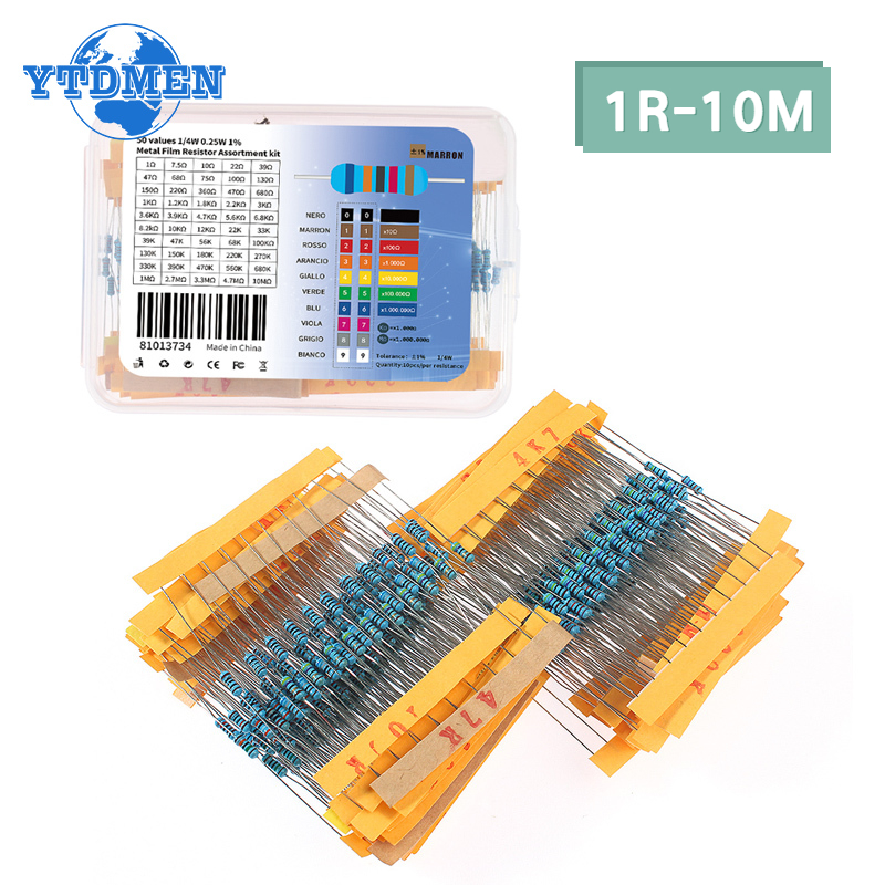 50 Arten 1/4 W Metallschichtwiderstand, sortiertes Kit, 0,25 W, 1 % Widerstand, 1R ~ 10 M Ohm (500 Stück)