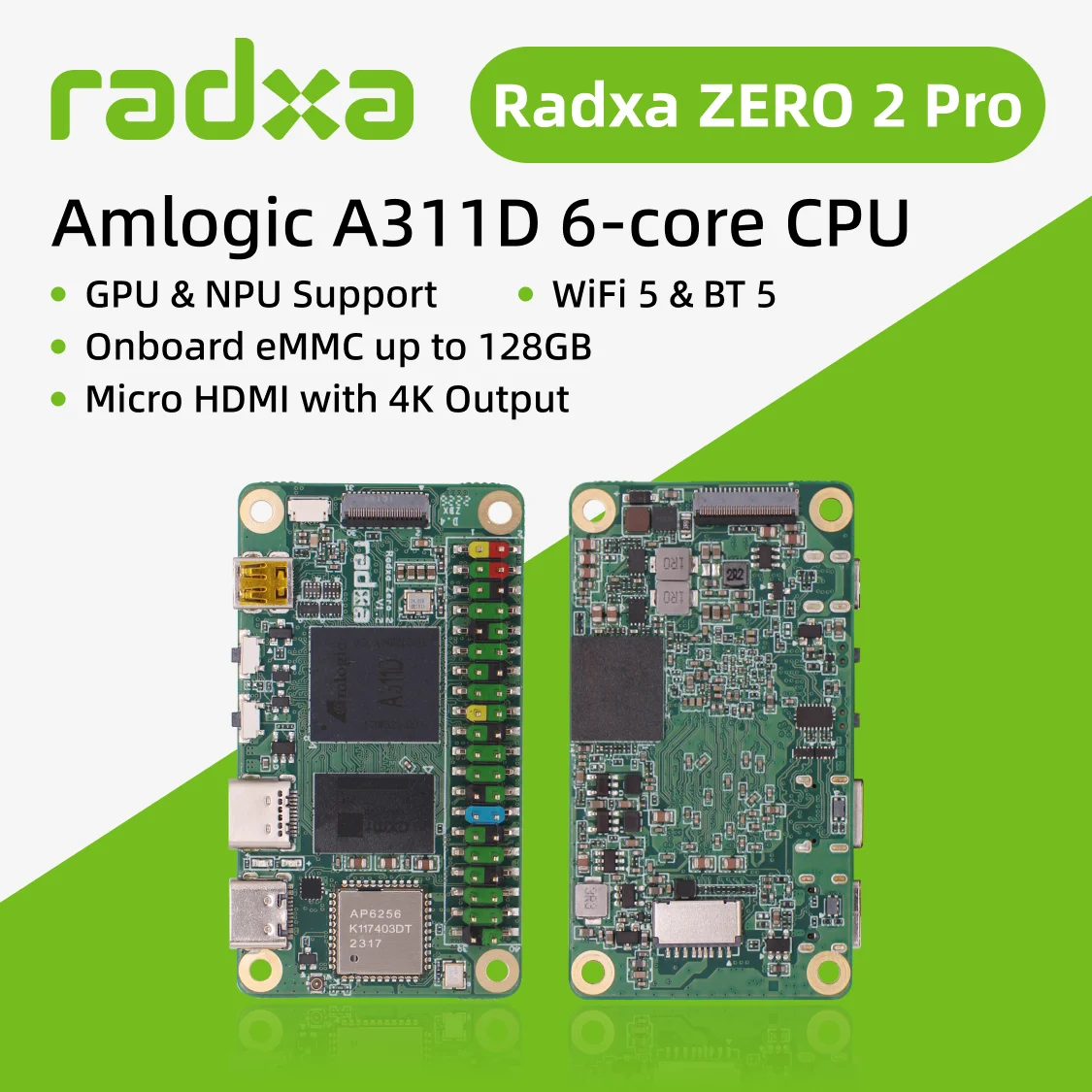 Radxa Zero 2 Pro Amlogic A311d 6-Kern-CPU SBC, GPU, Npu, WLAN 5 & Bt 5 und Onboard-EMMC, Single-Board-Computer