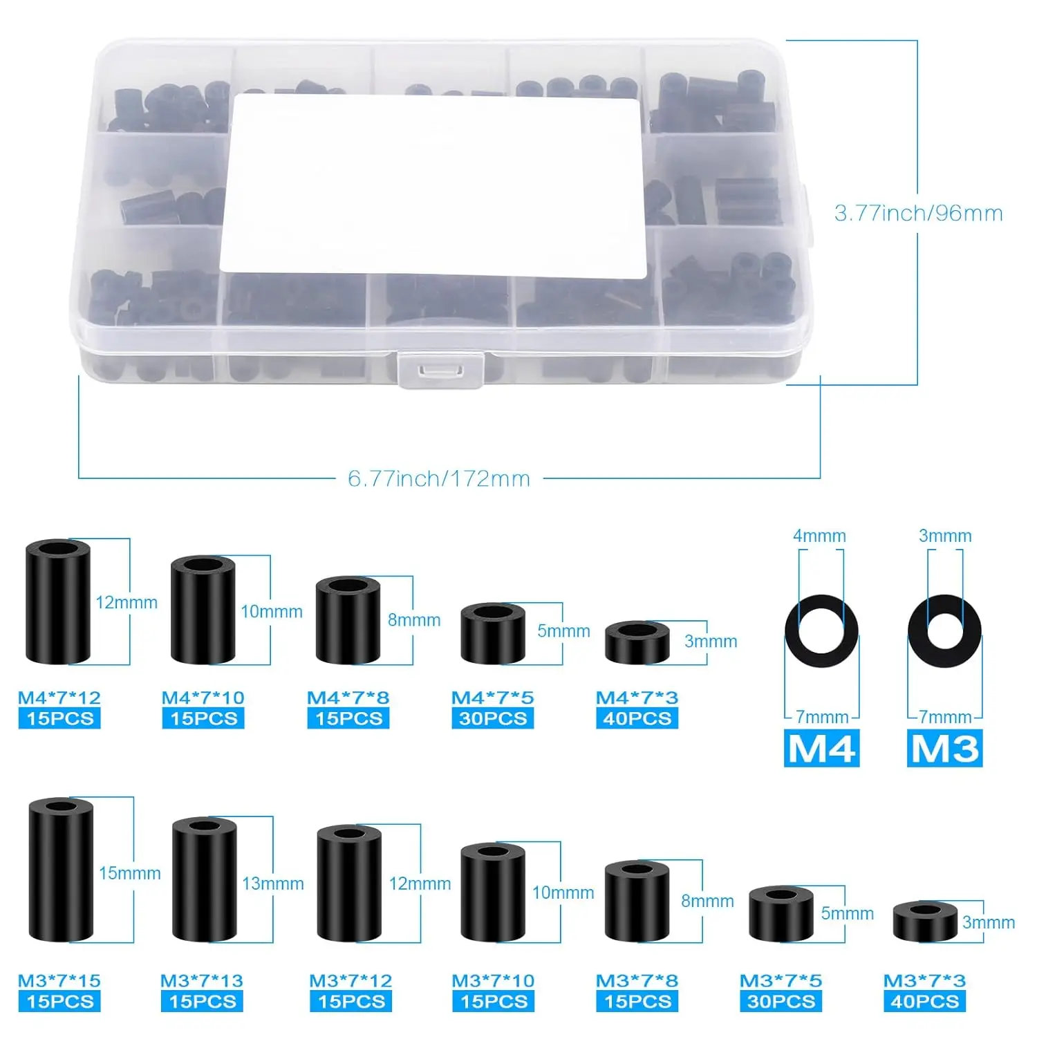 Nylon-Abstandshalter-Set, rund, M3/M4, für Steckdosen (260 Stück) – Bild 2