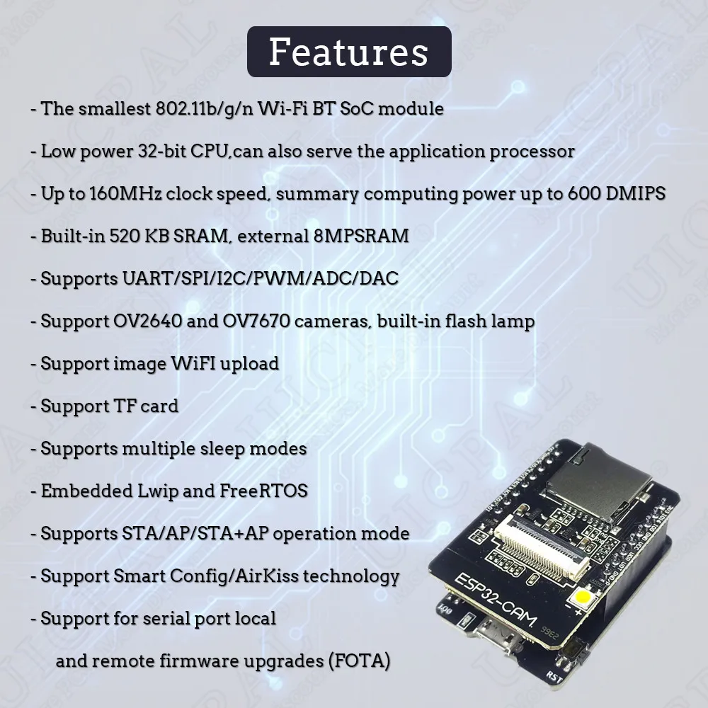 ESP32-CAM Kameramodul-Kit 2,4 GHz WLAN Bluetooth 8MB PSRAM OV2640 – Bild 5