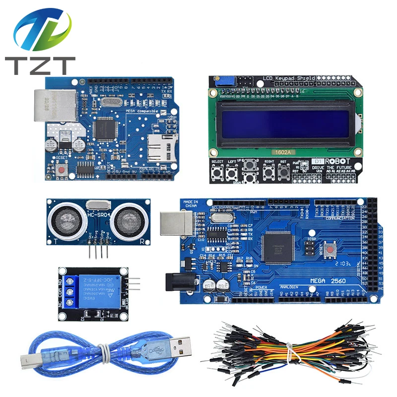 Mega 2560 r3 für Arduino KIT + HC-SR04 + Steckbrettkabel + Relaismodul + W5100 UNO Shield + LCD
