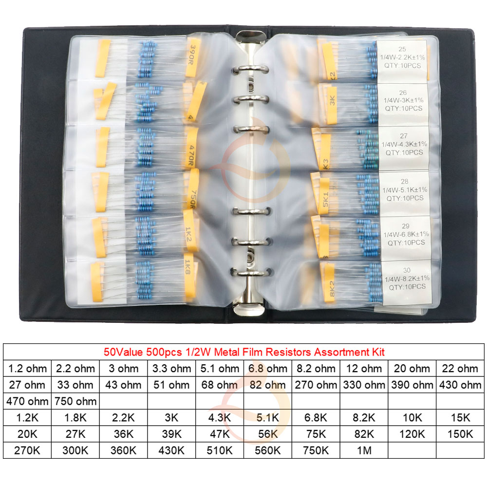 50 Worte 1 % 1/2 W Metallschichtwiderstände Musterbuch 0,5 W 1,2 R-1 M DIY MIX-Widerstand (500 Stück)