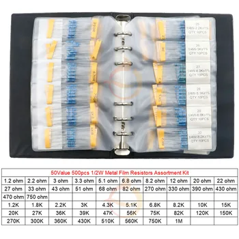 50 Worte 1 % 1/2 W Metallschichtwiderstände Musterbuch 0,5 W 1,2 R-1 M DIY MIX-Widerstand (500 Stück)