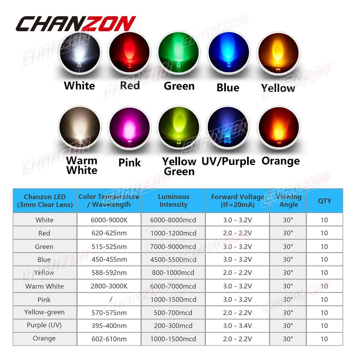 3mm LED-Diode, Leuchtdiode, Weiß Rot Grün, 3V, Größe 3mm – Bild 3