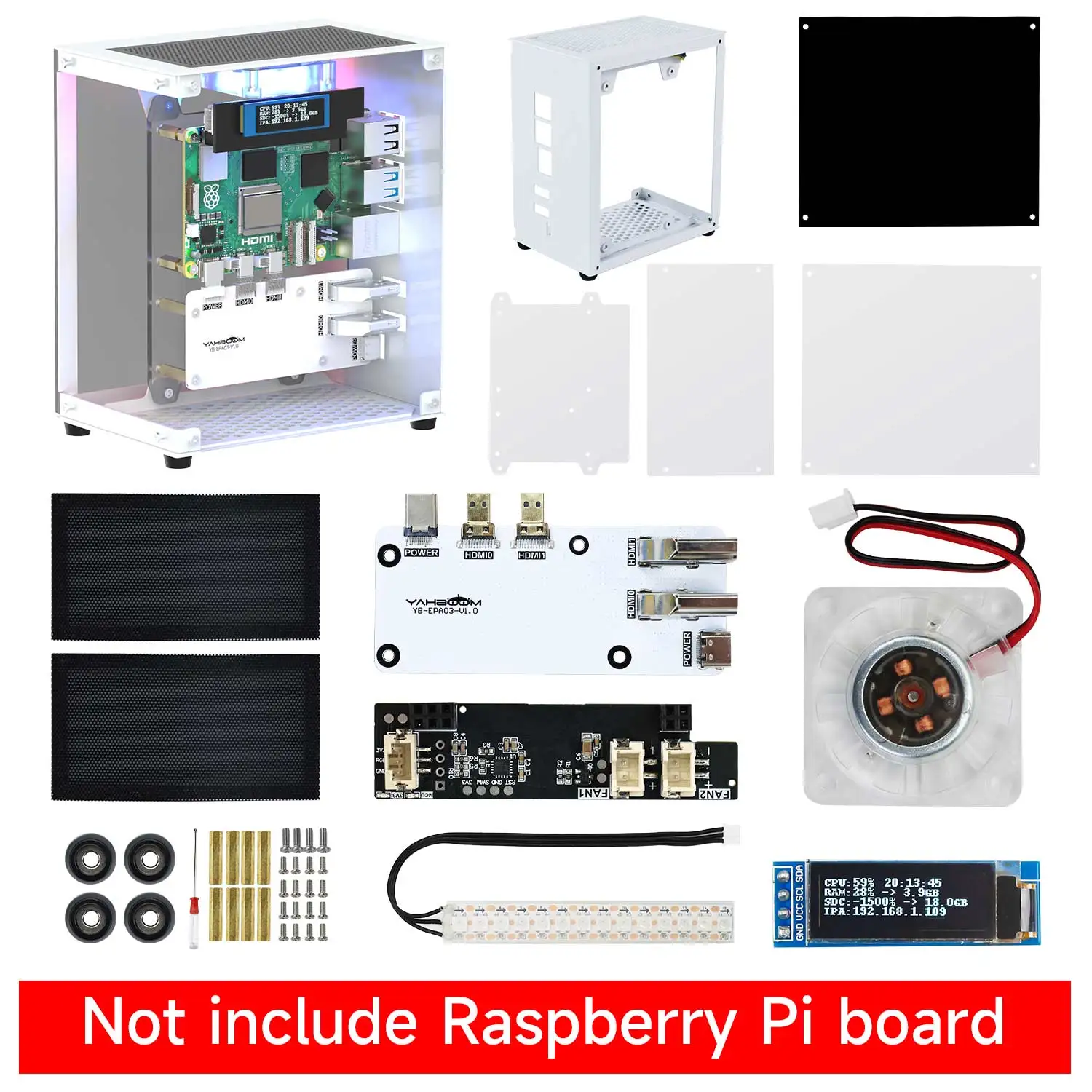 Raspberry Pi 5 Gehäuse-Schutzkit mit Kühlventilator, RGB-Farblicht und 0,96-Zoll-Bildschirm