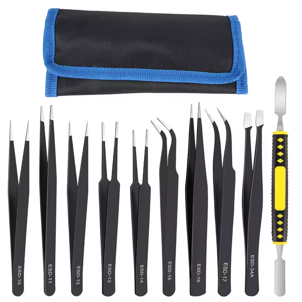 Präzision Antistatische Gebogene & Gerade Pinzette Edelstahl ESD Industrielle Reparatur Tool Kit (10 Stück)
