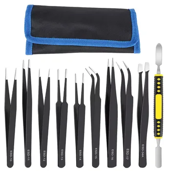 Präzision Antistatische Gebogene & Gerade Pinzette Edelstahl ESD Industrielle Reparatur Tool Kit (10 Stück)