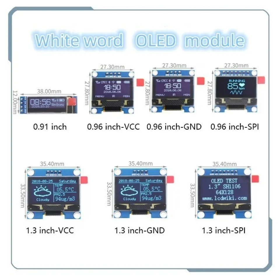 OLED 0,91 Zoll/0,96 Zoll/1,3 Zoll OLED-Displaymodul IIC I2C SPI 128X64 I2C SSD1306 12864 LCD Weißes