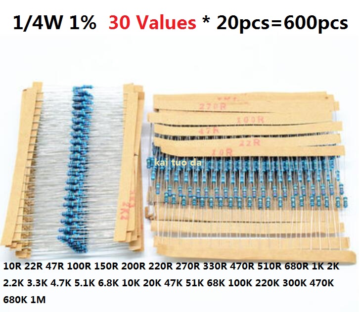 30 Werte * 20 Stück = 600 Stück 1/4 W Metallschichtwiderstandssatz 1 % sortiertes Kit-Set 1K 10K 470R 510R