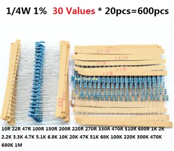 30 Werte * 20 Stück = 600 Stück 1/4 W Metallschichtwiderstandssatz 1 % sortiertes Kit-Set 1K 10K 470R 510R