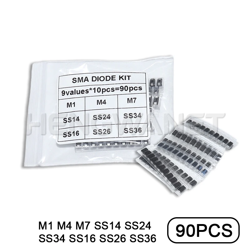 Gleichrichterdioden 1N4007 1N4001 1N4004 SS14 SS24 SS34 SS16 SS26 SS36 SMD Schottky-Dioden (90 Stück)