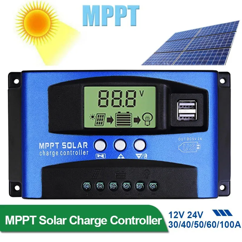 MPPT Solar-Laderegler 30A 40A 50A 60A 100A Dual-USB LCD-Display 12V 24V Solarpanel-Laderegler mit Lastausgang