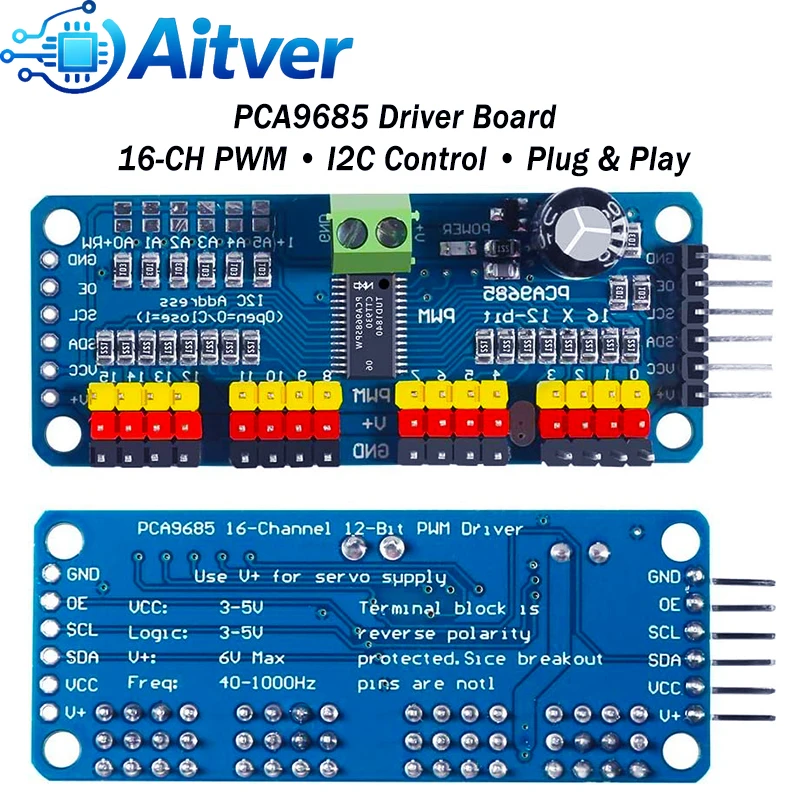 PCA9685 16-Kanal PWM Servo-Treiberplatine / SG90 9g Servo / MG90S – Bild 2