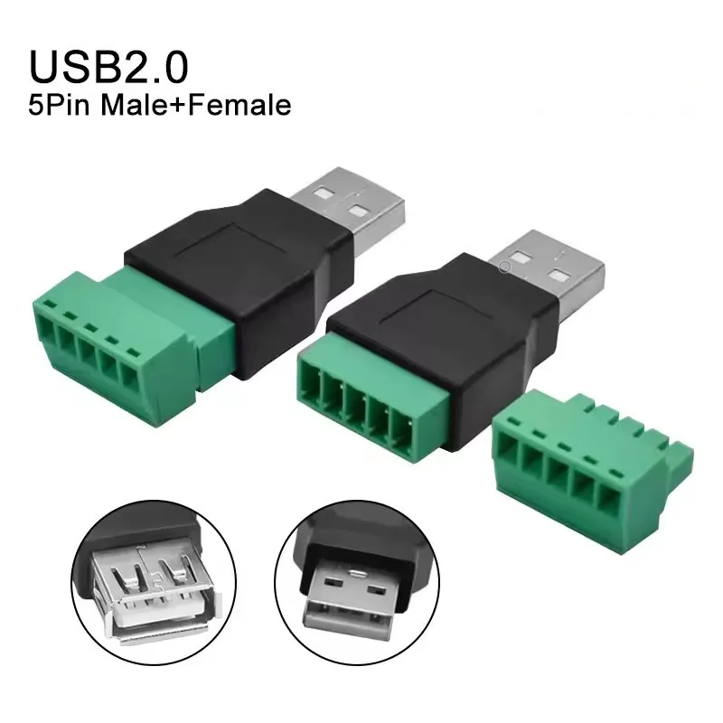 USB-Buchse, USB 2.0 auf Schraubklemmen-Stecker-Adapter, USB 2.0 Typ A, männlich, weiblich auf 5-poligen