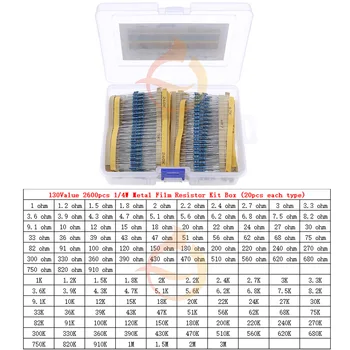 130 Werte 1/4W 0,25 W 1%(1R - 3M) metall Film Widerstände Assorted Pack Kit Set Feste Widerstände (2600 Stück)