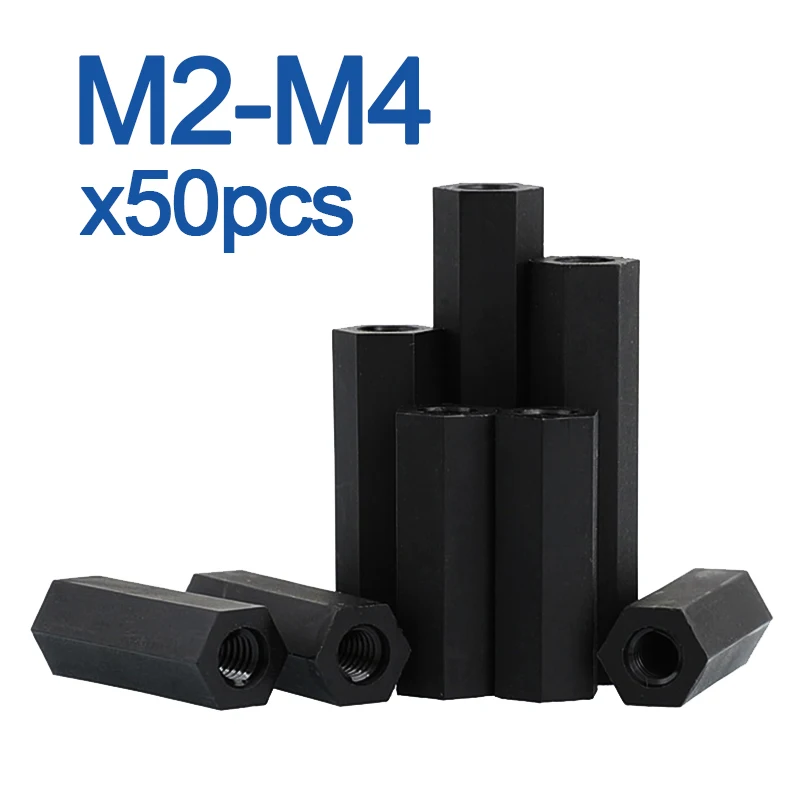 M2 M2.5 M3 M4*L Schwarzer Nylon-Sechskant-Abstandshalter Buchse-zu-Buchse Länge 5~50mm (50 Stück)