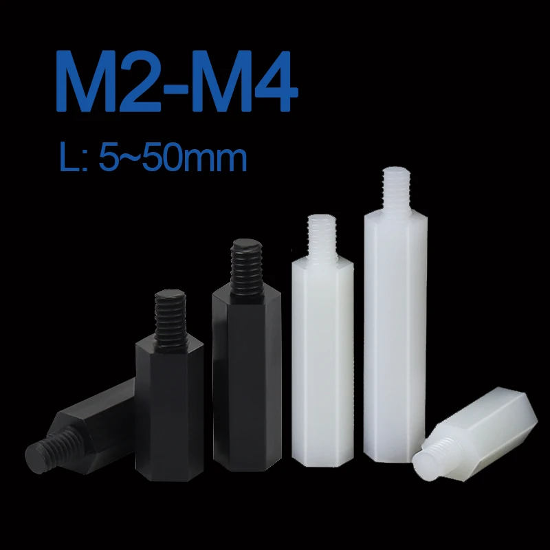 Stecker-Buchse-Abstandshalter aus weißem/schwarzem PCB-Nylon, M2, M2,5, M3, M4*L+6, Säulen-Abstandsschrauben