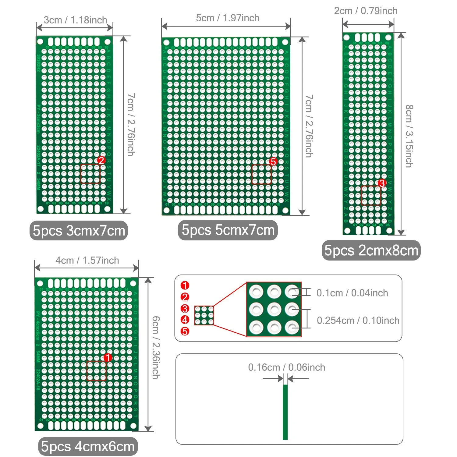 Doppelseitige Leiterplatte 2 x 8 3 x 7 4 x 6 5 x 7 verzinnt durch Löcher FR4 Prototyp-Kit (20 Stück)