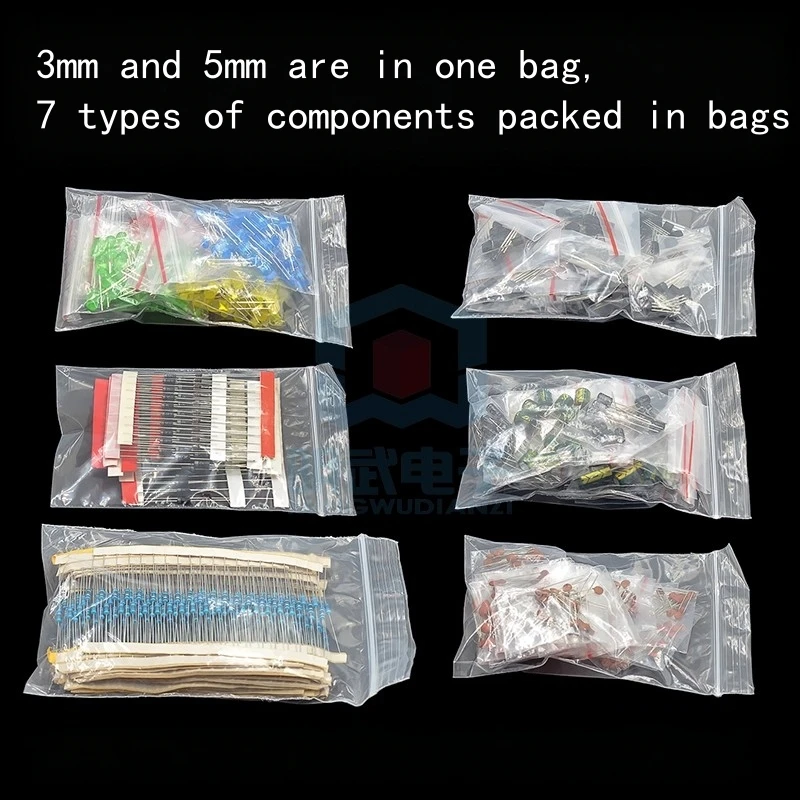 7-Komponenten-Set: Widerstandspaket, Elektrolytkondensatorpaket, LED-Leuchtdiodenpaket, Transistorpaket