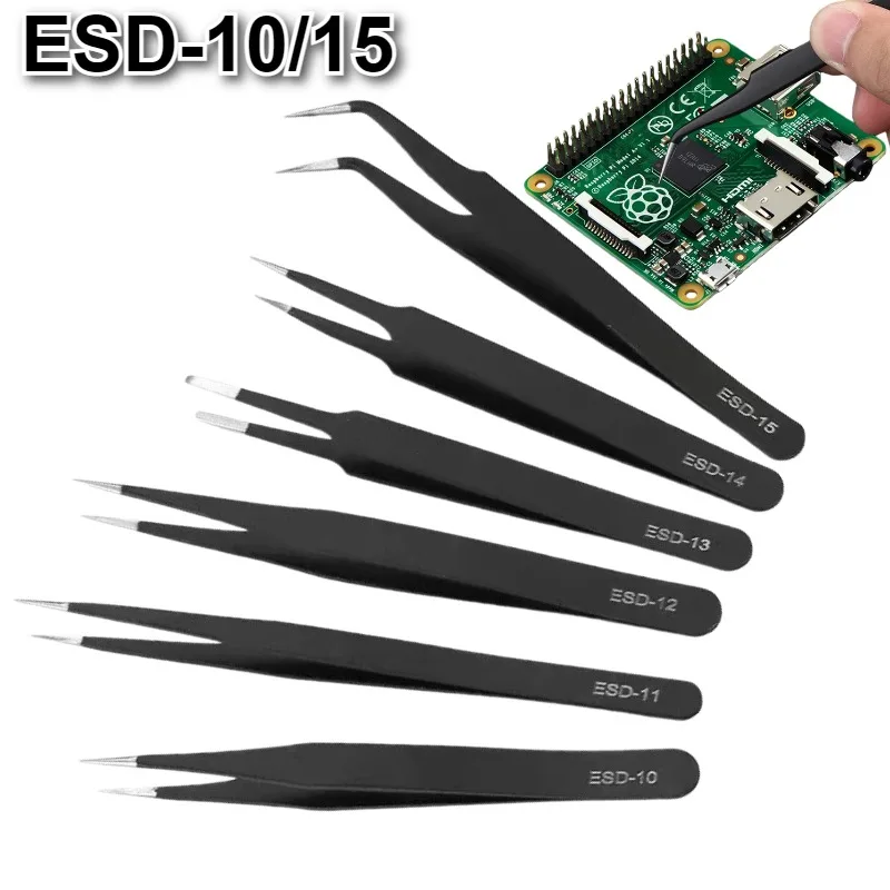 Pinzetten-Set aus rostfreiem ESD-Edelstahl, professionelle Elektronik-Reparaturwerkzeuge (6 Stück)