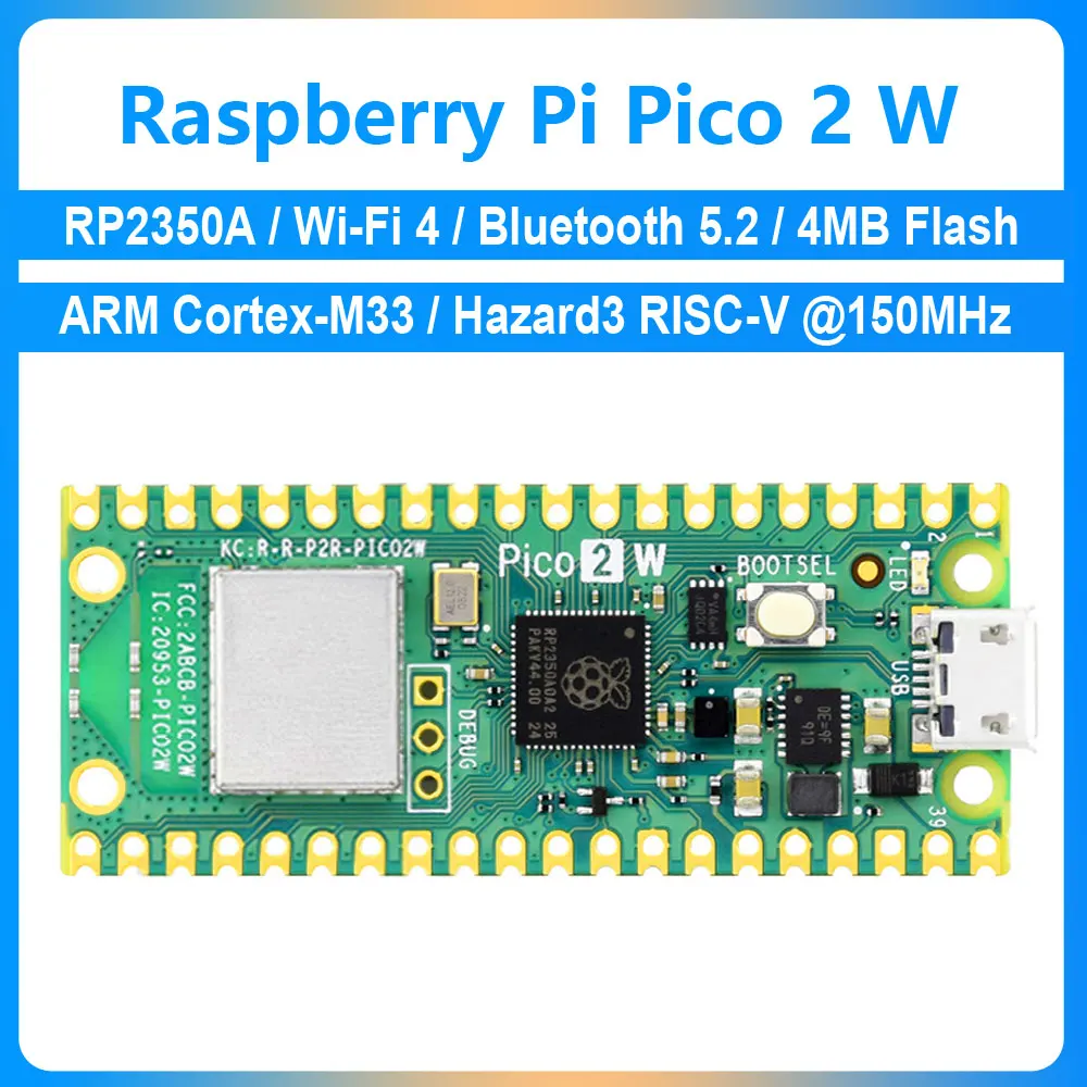 Raspberry Pi Pico 2 W RP2350A Chip mit WIFI4/BT5.2 4 MB FLASH 520 KB SRAM Dual-Core ARM Cortex-M33/Hazard3