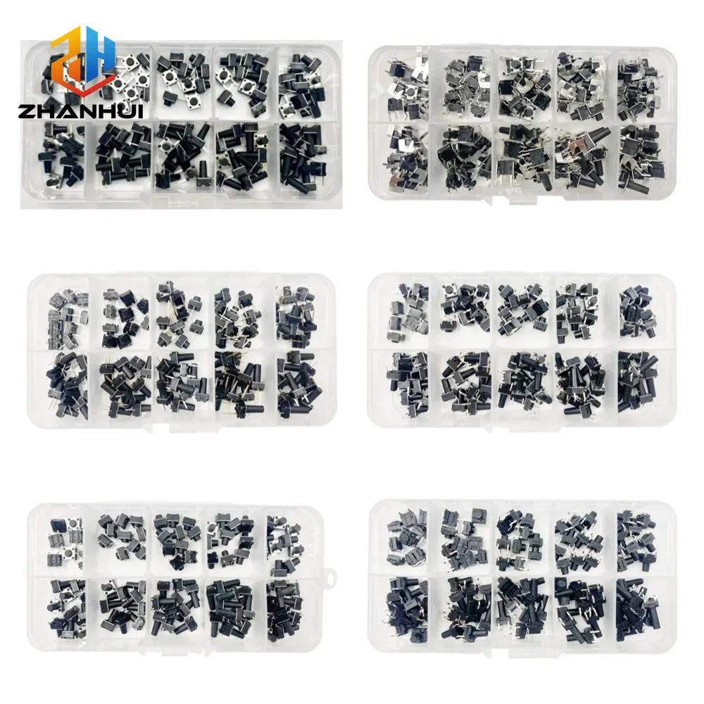 6x6mm Taktil-Schalter-Set, 10 Modelle (4,3-13mm) DIP & SMD Drucktasten, 2P/4P Mikro-Touch-Schalter (100 Stück)