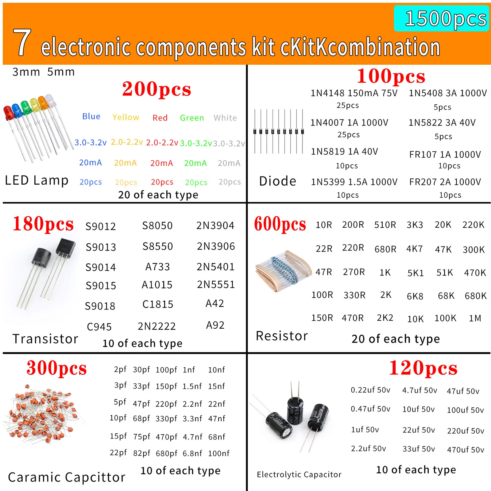 Elektronik komponenten Sortiment Kit Kondensatoren LED (1500 Stück) – Bild 2