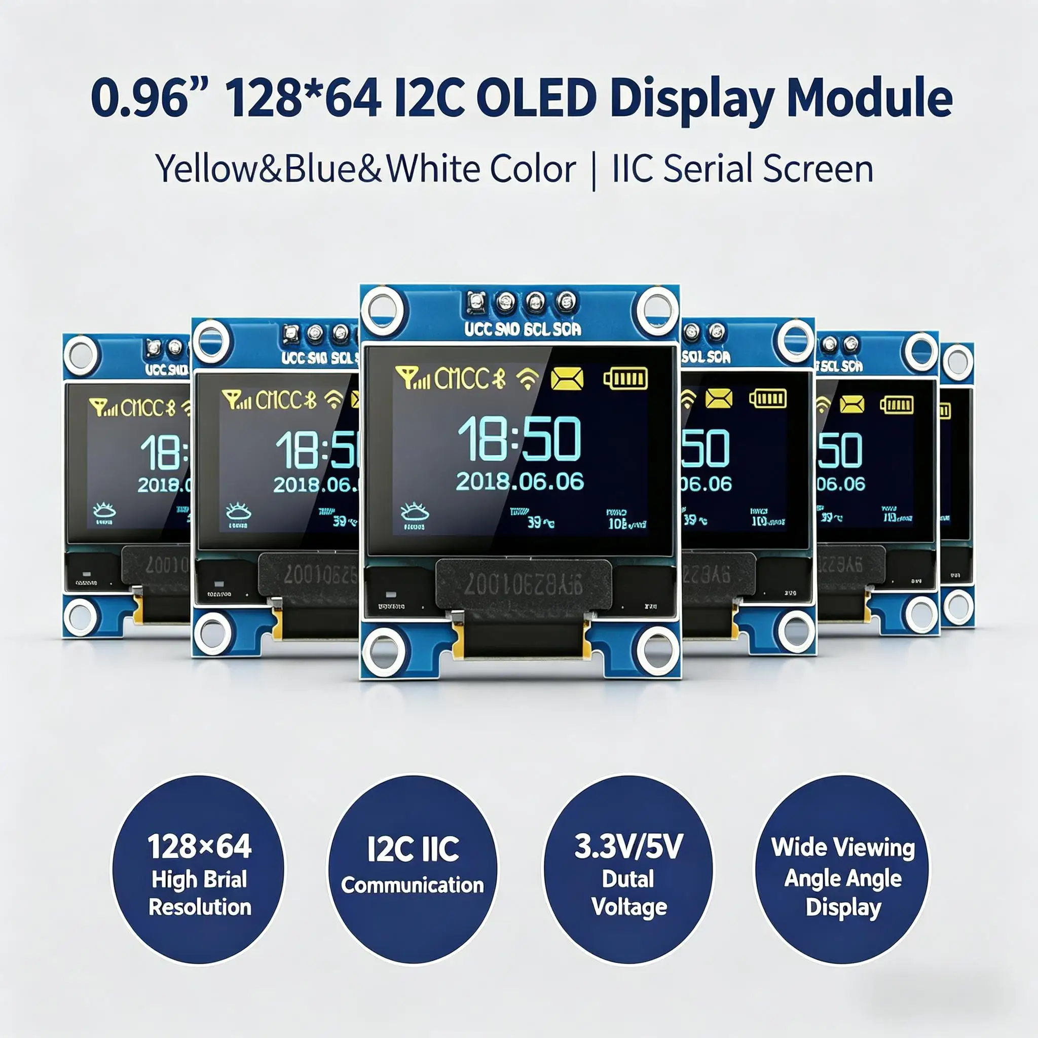 0,96 Zoll OLED-Displaymodul I2C IIC 128x64 SS-D-1306 3,3V-5V Blau/Blau-Gelb/Weiß für Arduino ESP32 ESP8266