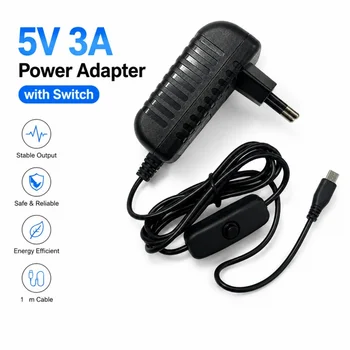 USB Typ C 5V 3A Raspberry Pi 4 Netzadapter mit Ein-/Ausschalter, Ladegerät mit EU-, US-, UK- und AU-Stecker