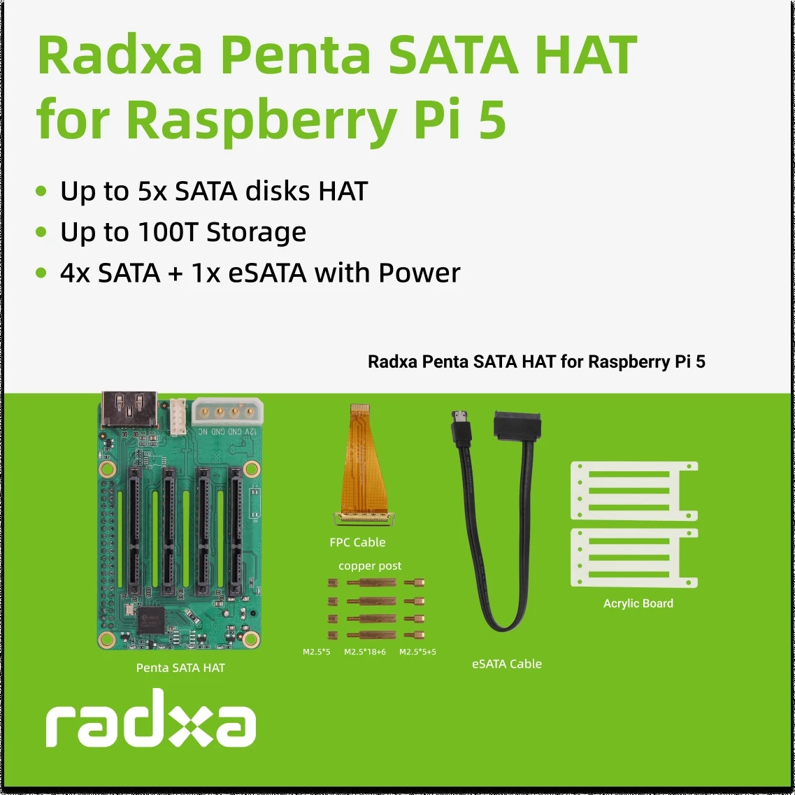 Radxa Penta SATA HAT - Bis zu 5x SATA-Laufwerke HAT für Raspberry Pi 5 und ROCK Pi SBCs, 3C, 5A, 4A / 4B / 4SE